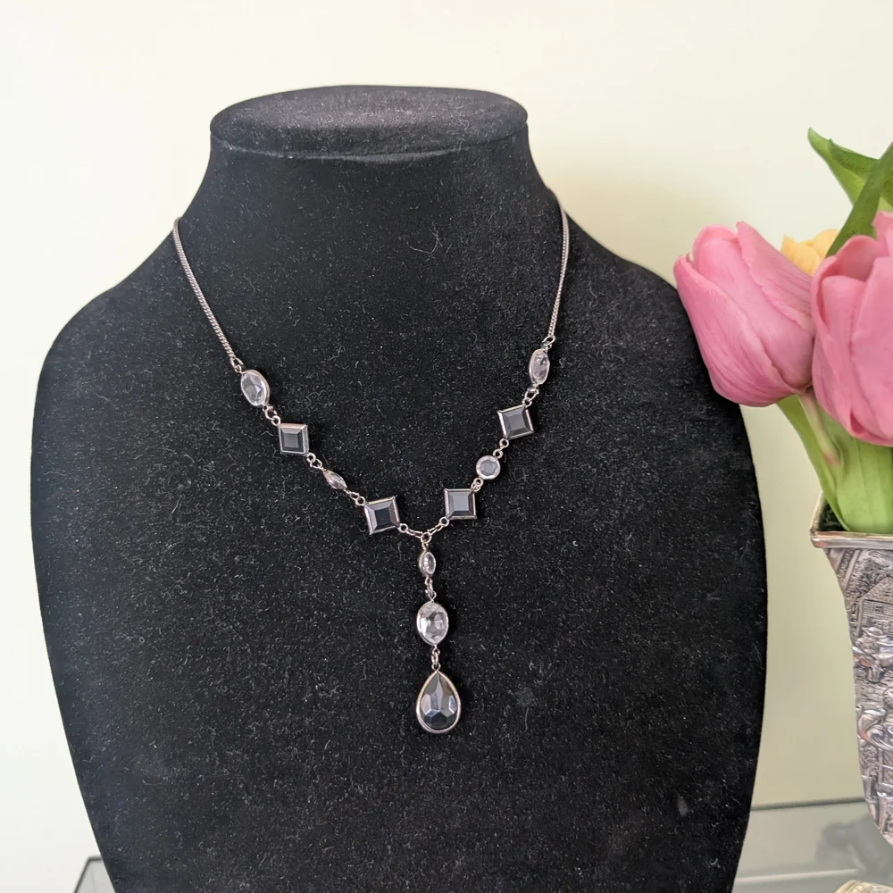 Vintage Silver-Tone Black Crystal Drop Necklace - Picture 6 of 13